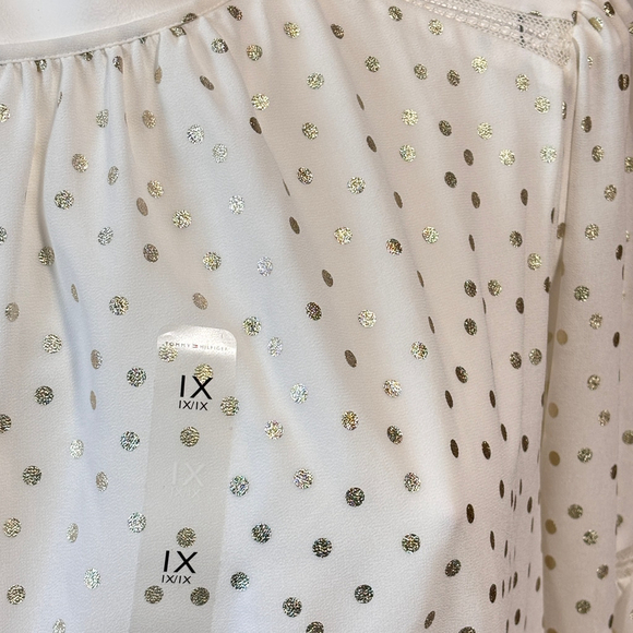 Tommy Hilfiger Plus Size 1X White w/ Gold Metallic-Dot Bloused Peasant Top NWT - Picture 3 of 5